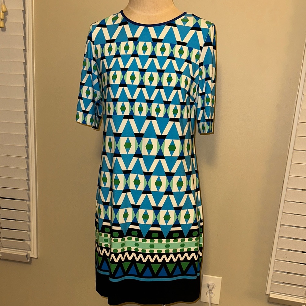Eliza J Geometric Patterned Blue and Green Dress